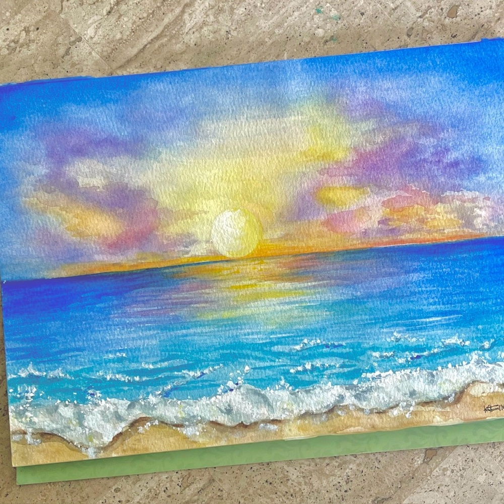 Beach Sunset Original Watercolor Painting.